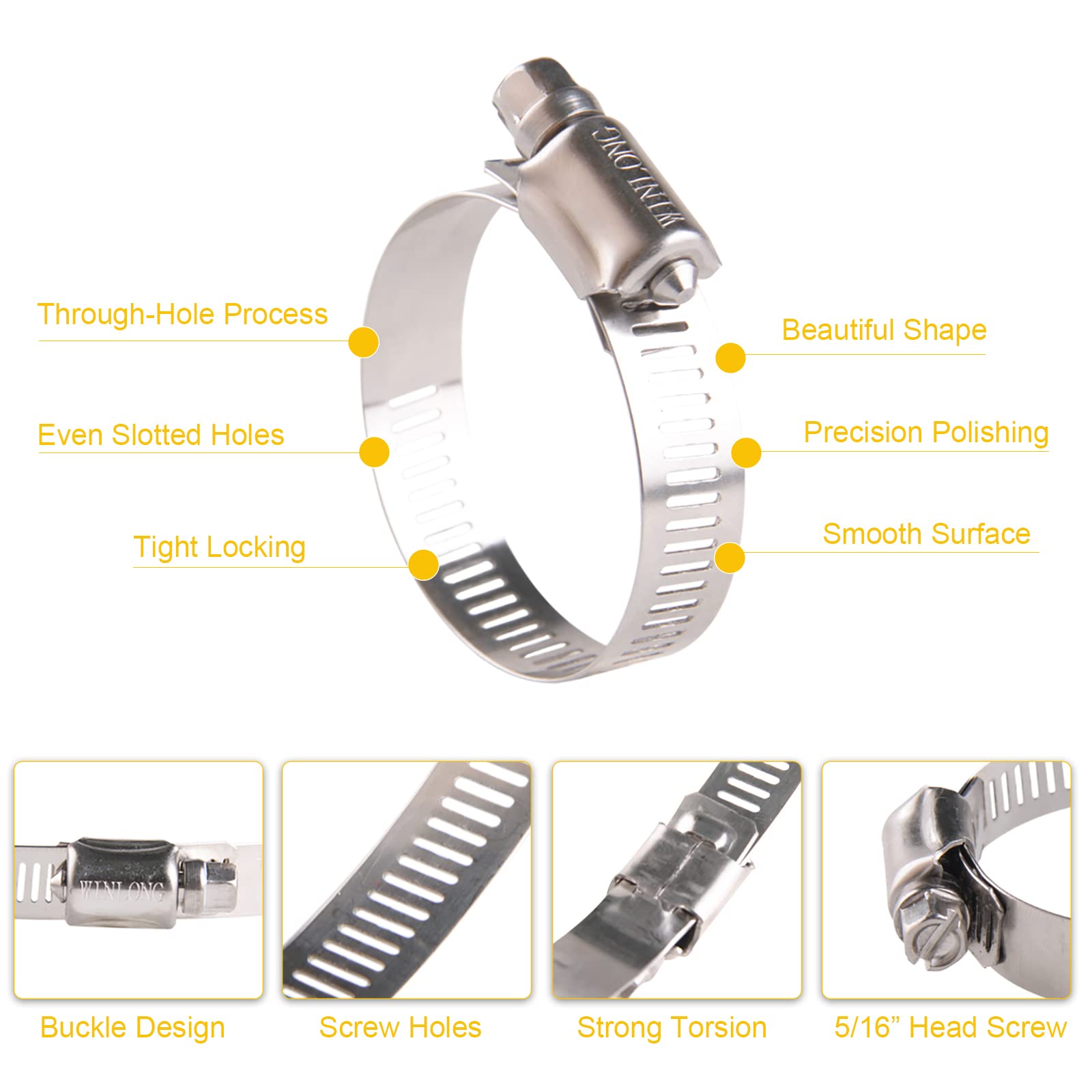 Winlong - Abrazaderas de manguera de acero inoxidable de 3,8 cm de engranaje helicoidal SAE 24 abrazaderas de manguera ajustables de 25 a 51 mm para plomería automotriz, abrazaderas de manguera de 3,8