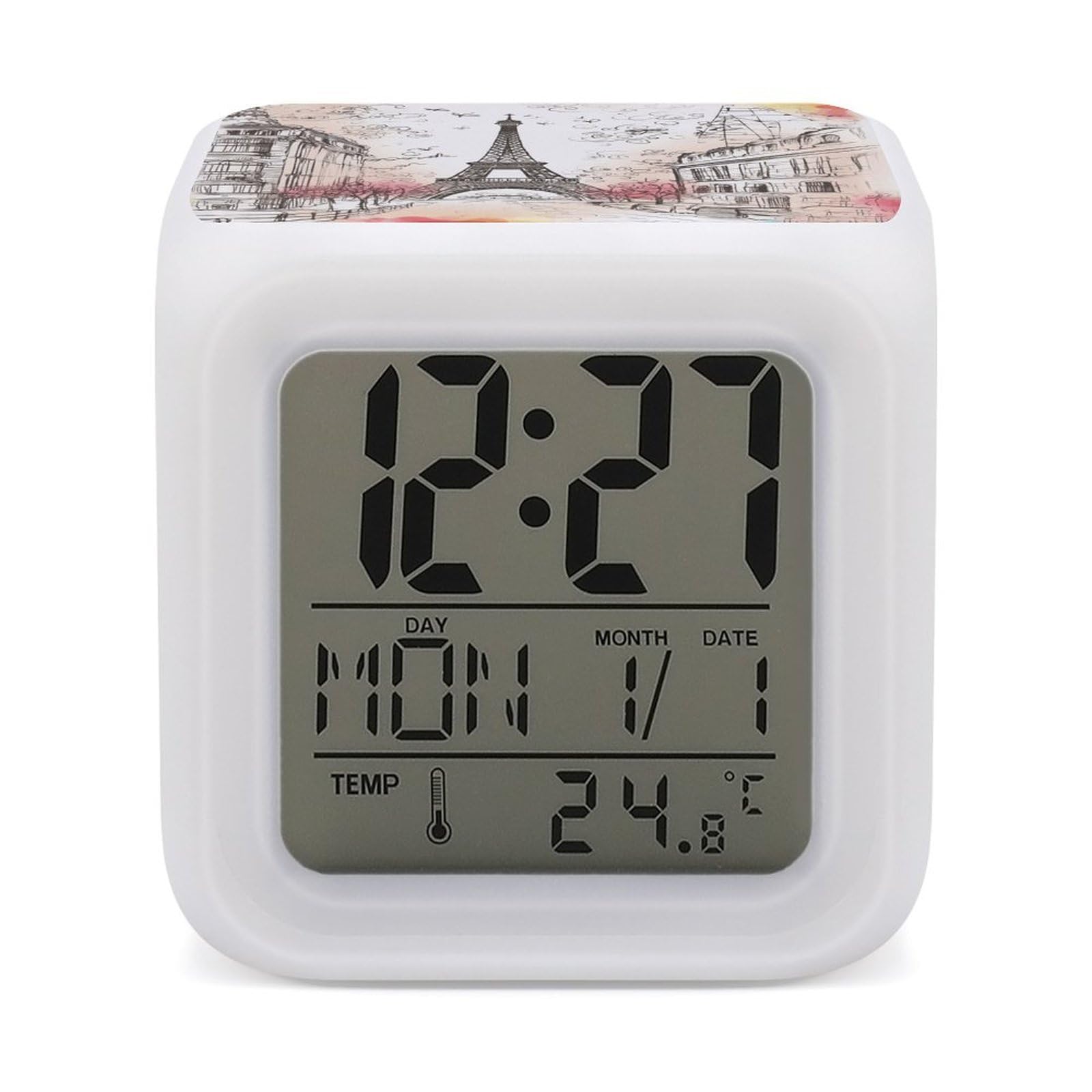 VstaDank French Paris Tour Eiffel Tower Alarm Clock Sleep Trainer 7 Color Changing Night Light Modern Touch Bedside Lamp Fashion Digital Clock with Temperature Display Wake Clocks for Loud Alarm