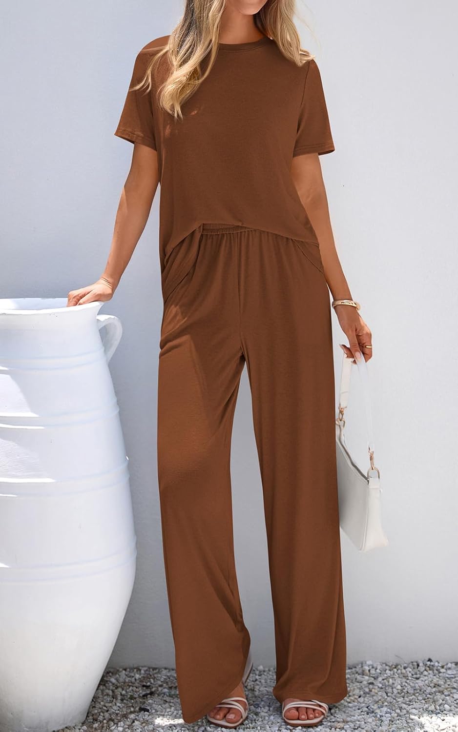 PRETTYGARDEN Spring Lounge Sets for Women 2 Piece Short Sleeve Crewneck Cute Tops and Wide Leg Pants with Pockets Pj Set - Image 2