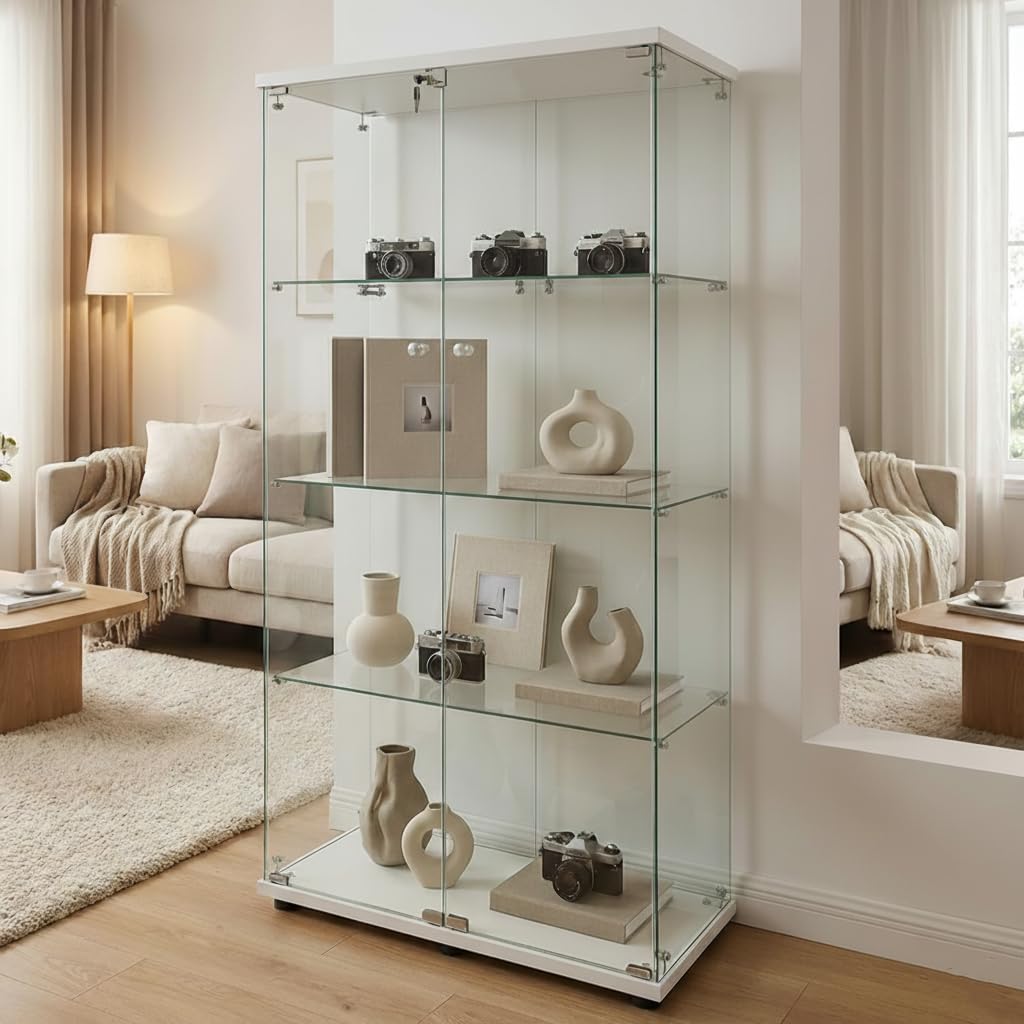 Vitrina de Cristal, 164,5 cm, 2 Puertas, 4 Capas, Vitrina de Cristal, Vitrina de colección, Armario Alto para salón, Dormitorio, Oficina