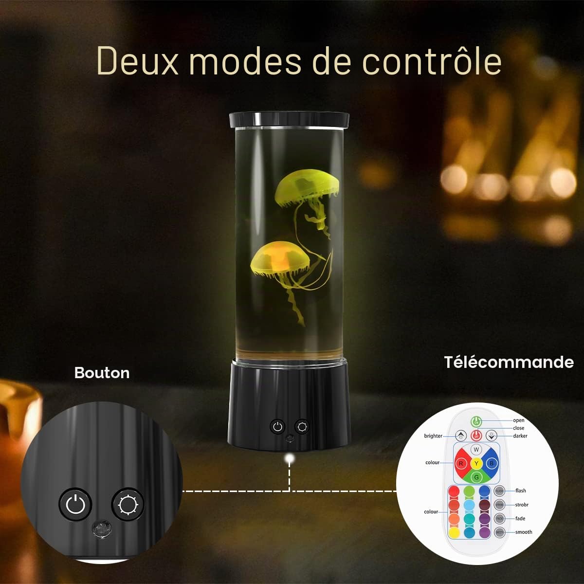 FBSPORT Lampe Meduse Lumineuse Aquarium 17 Couleurs Changeantes Jellyfish Lamp avec Télécommande, Alimenté par Batterie/USB Relaxante Light pour Enfants Hommes Femmes Décoration Cadeau