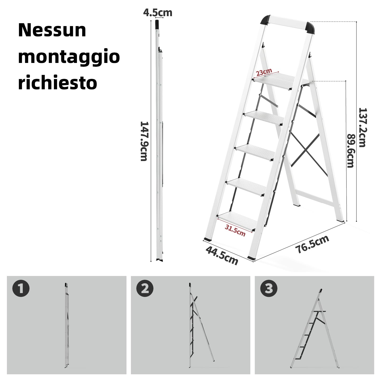 KINGRACK Scaletta 5 Gradini Pieghevole in Alluminio Leggera con Corrimano, Blocco di Sicurezza, Pedali Antiscivolo, Scala per Cucina Garage Casa, Salvaspazio Robusta e Portatile Massima 150kg, Argento