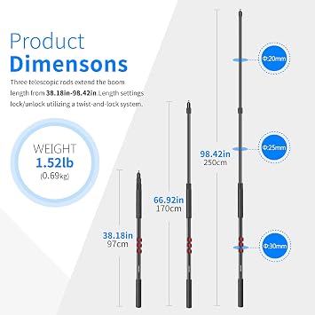 NEEWER NW-7000 Microphone Boom Arm, 3 Section Extendable Handheld Mic Arm with 3/8 & 3/8 to 5/8 Screw Adapter, 3ft to 8ft Adjustable Length,Auxiliary