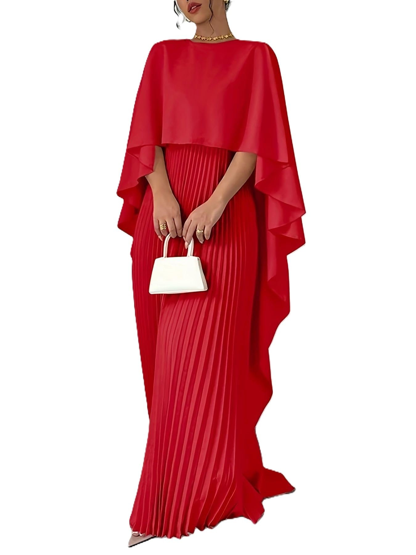 Womens Elegant Pleated Maxi Dress Batwing Sleeve Asymmetrical Cape Flowy Business Professional Dress