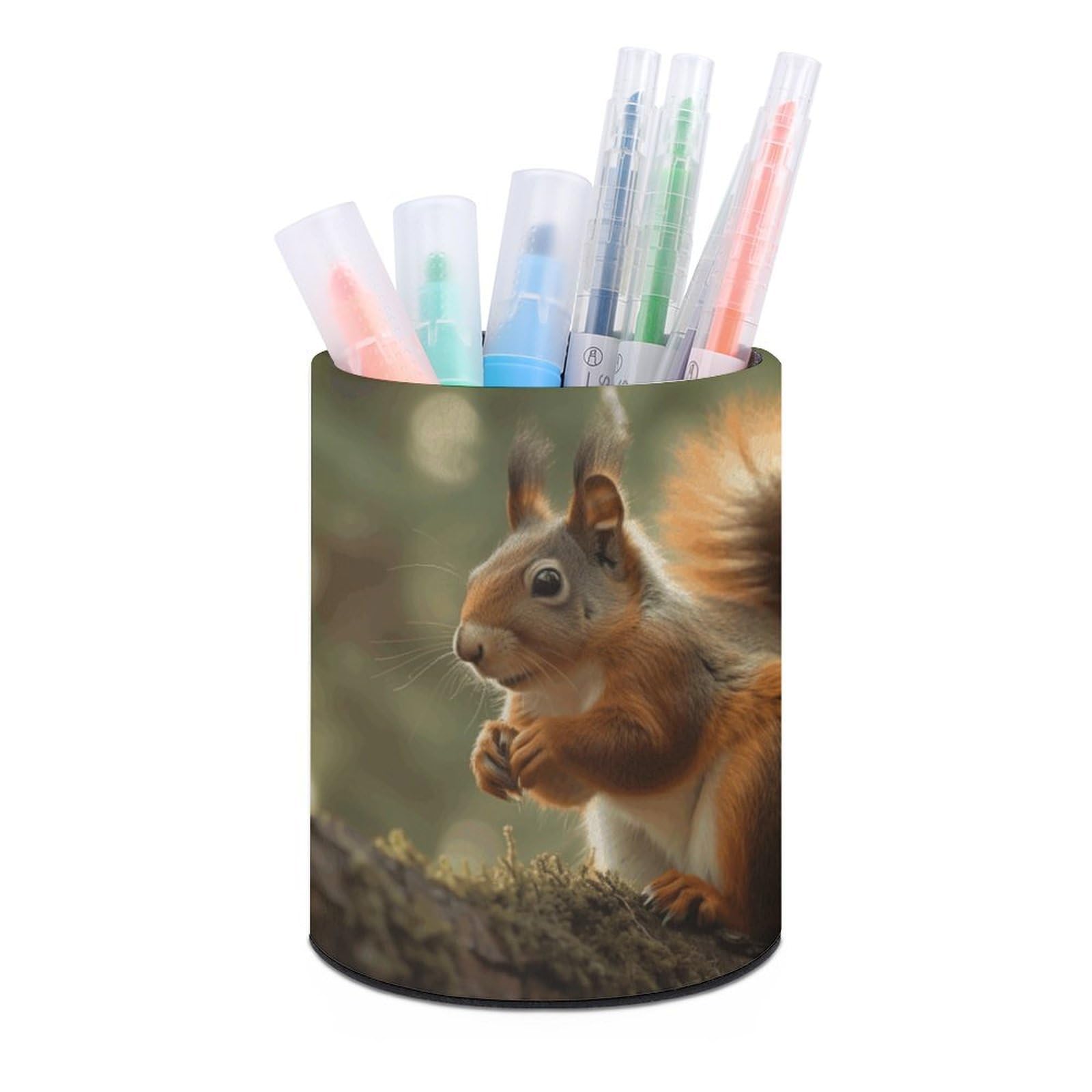 DWVTSLH Aesthetic Pen Holder for Desk - Modern Leather Pencil Holder - Stylish Round Makeup Brush Holder - Wildlife Forest Squirrel Pen Cup Cute And Functional Desk Organizer for Office Supplies