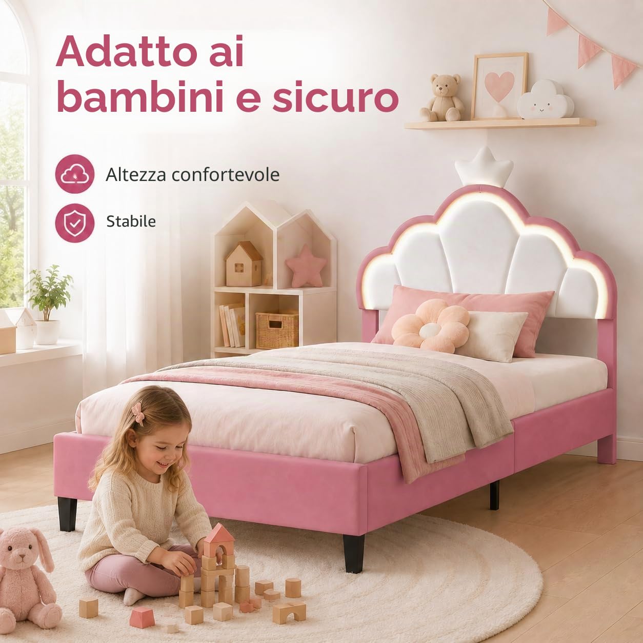 DULRLLY Letto bambini imbottito 90x200 cm, letto singolo con strisce LED regolabili e Testiera a forma di corona, letto Principessa con rete a doghe per bambini ragazze e adolescenti