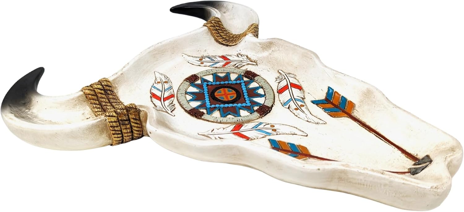 Bull with Feather Decorative Plate/Tray – Southwest Aztec Navajo Design – Versatile Centerpiece, Jewelry Tray, or Key Dish – Native American Style Decorative Accent, 12" Rustic Resin Tray