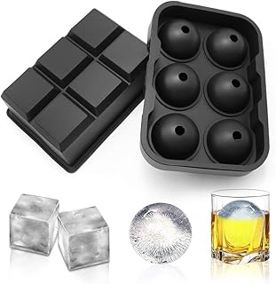 Ice Cube Trays Molds Silicone Ice Ball Maker, Large Square and Sphere Round Ice Cube Molds for Whisky Bourbon Cocktails Beverages Coffee (2 Pack, Black)
