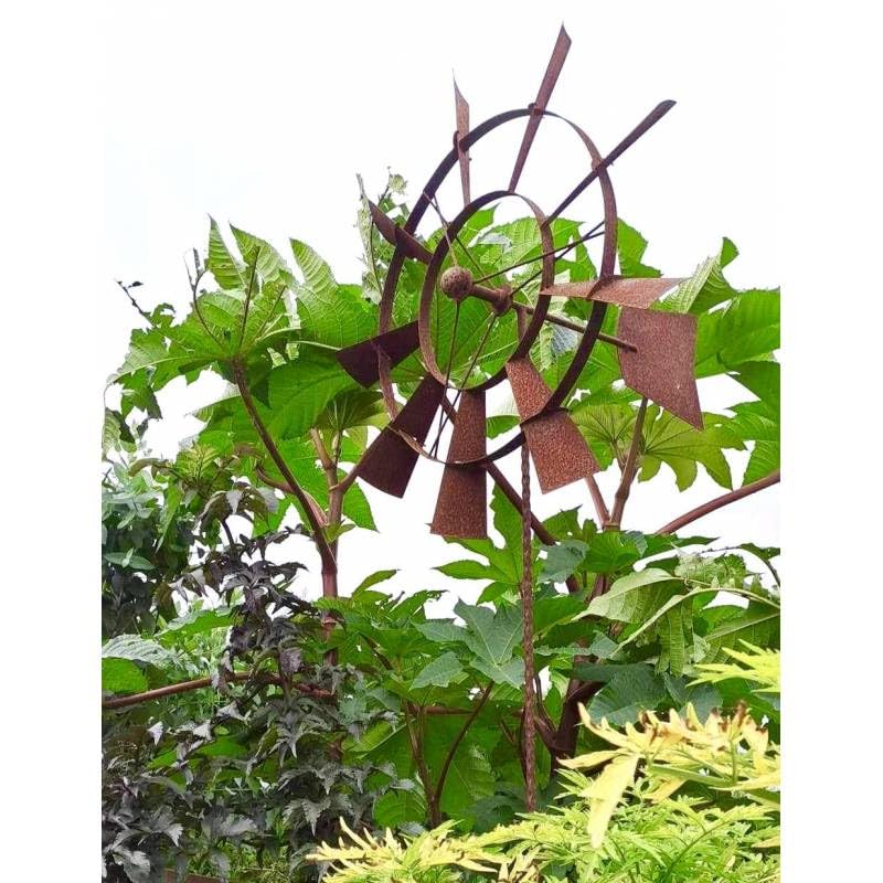 Eolienne Moulin à Vent Mobile Décoration de Jardin en Acier Brut Oxydé 50x55x208cm