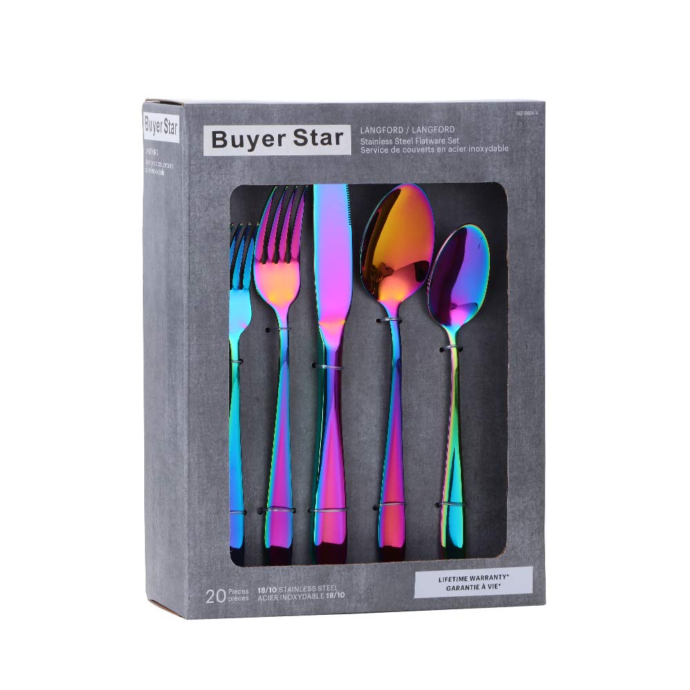 YDware 20-teiliges Besteck-Set, Besteck-Set, Regenbogenfarben, Edelstahl, Besteck, Gabeln, Löffel, Messer, Set für 4 Personen, hochglanzpoliert und spülmaschinenfest