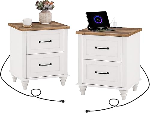 Miniatura 10 de WAMPAT Mesita de noche con estación de carga, mesa auxiliar de granja para sala de estar con 2 cajones, mesita de noche de madera natural para