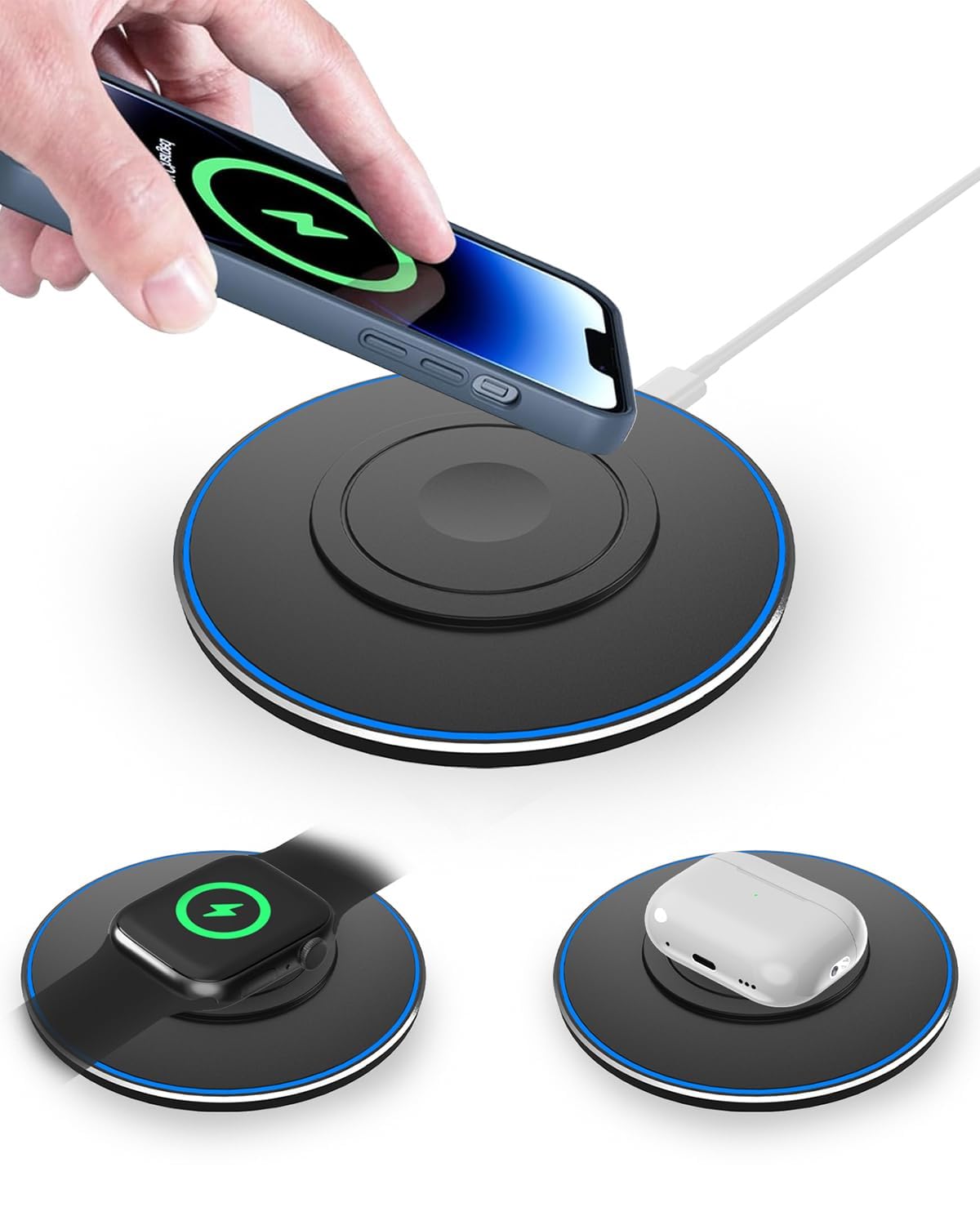3 in 1 Wireless Charging Pad for iPhone 15 14 13 12, Travel Portable 5W Charger Station for Apple for iWatch for AirPods3/2/Pro, 15W Max Wireless Charger for Galaxy S23 22 21 20, Galaxy Buds
