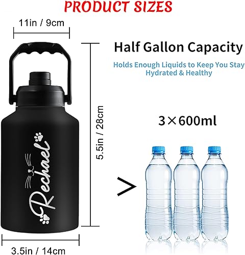 Miniatura 4 de Busparst Botella de agua de 64 onzas grabadas personalizadas con asa, botella de agua personalizada con nombre, botella de agua de acero inoxidable,