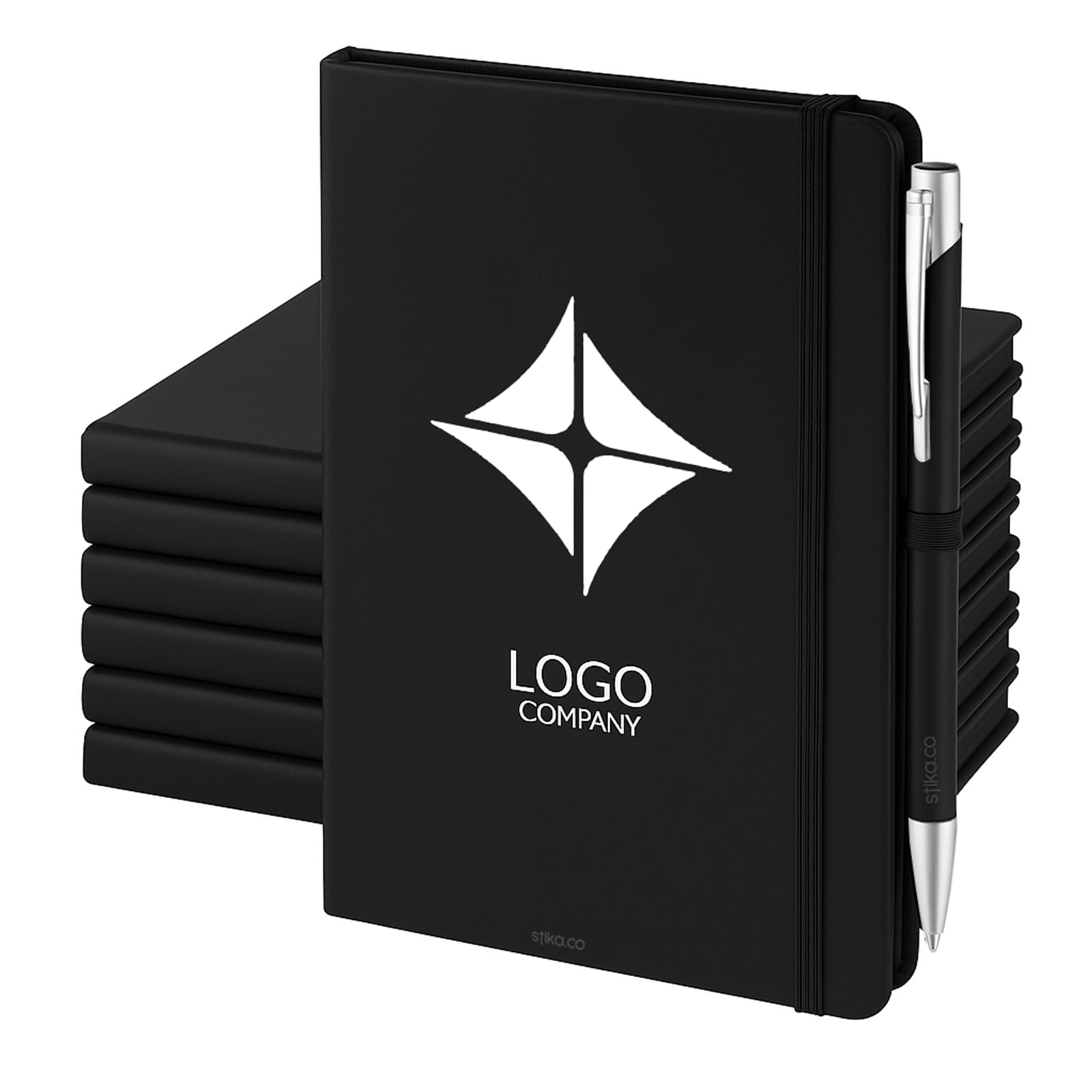 stika.co Set of 20 Custom Printed A6 Soft-Feel Black Notebooks and Pen Sets – Personalised for Promotional Events and Giveaways with Your Logo or Text – Ideal for Conferences and Seminars