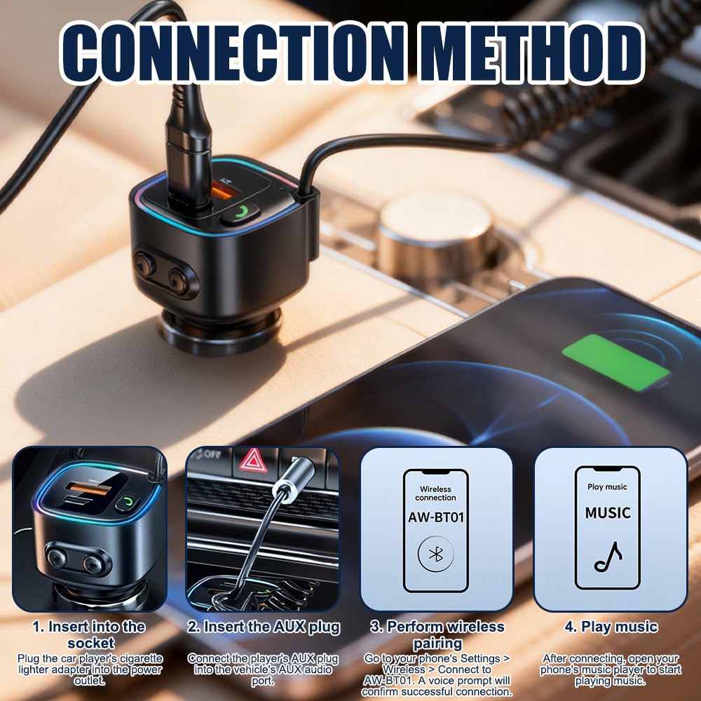 Bluetooth Auto, Trasmettitore Bluetooth Per Auto 5.4 Con Jack Da 3,5 Mm, Aux Bluetooth Auto Usb C Aux Per Auto Per Chiamate In Vivavoce e Musica Wireless Compatibile, Suono Hi-Fi Bass Rgb Ambient