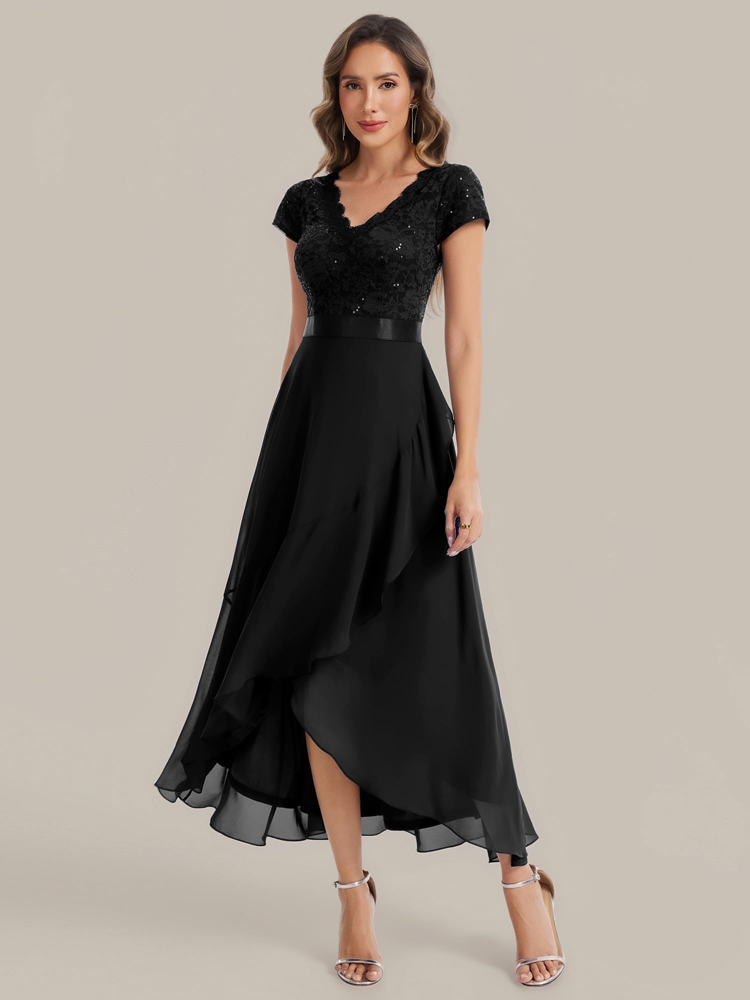 Ever-Pretty Robe de Soirée Chic Col en V Manches Courtes Mousseline Dentelle High-Low EE02644