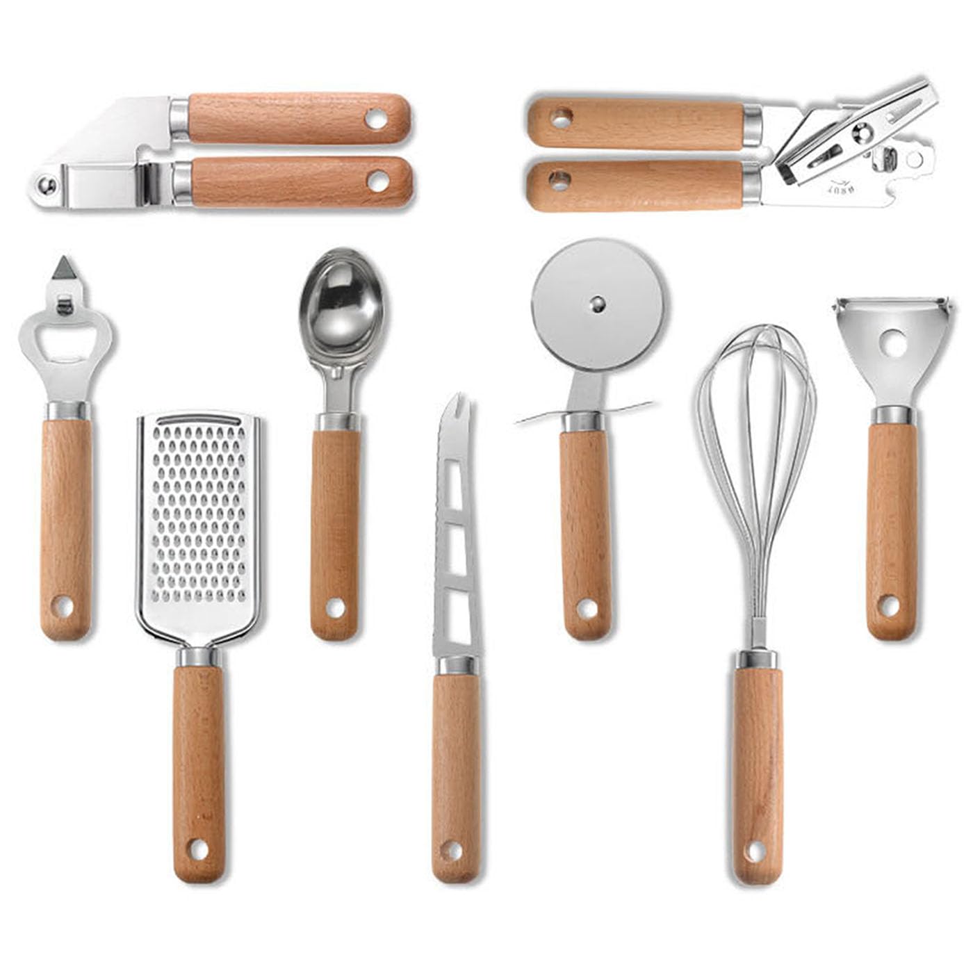BRIIEC 9 Pieces Kitchen Gadget Set with Wooden Handle, Stainless Steel Kitchen Tools Bottle/Can Opener, IceCream Scoop, Pizza Cutter, Peeler, Garlic Press, Cheese Knife/Grater, Whisk.