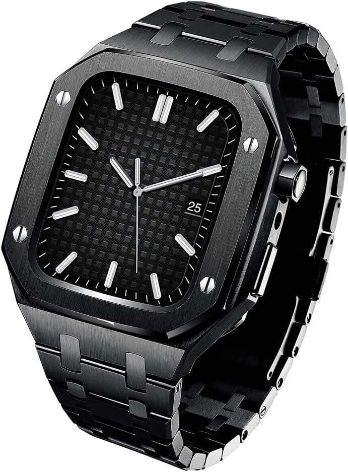 Rugged Protector Bumper + Wristband for Apple Watch Bands 44mm 45mm Stainless Steel Strap with Metal Case for iWatch SE 8 7 6 5 4 SE Series (Color : Black, Size : 45mm for 8/7)