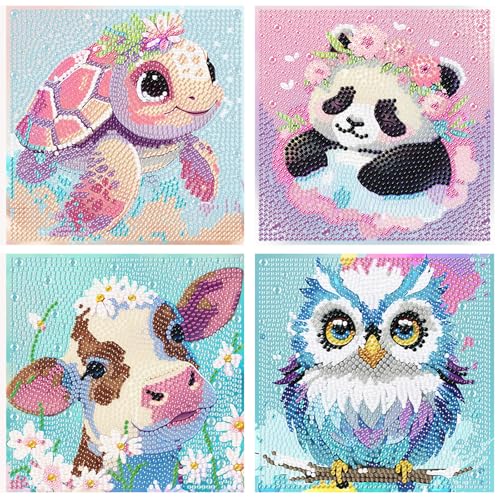 4 Pack Diamond Painting Kits for Kids Animal 5D Diamond Art Kits for Kids Turtle Owl Cow Panda Gem Painting Easy Kit Full Drill Art Kit Crafts Sets for Girl Boy Children Ages 6-7-8-9-12 (6x6 inch)