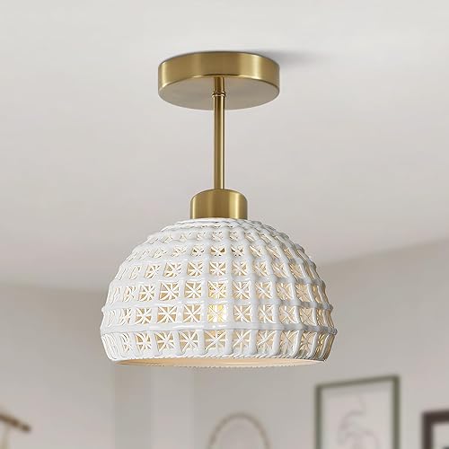 Miniatura 9 de Lámpara de techo semiempotrada de cerámica blanca, moderna lámpara de pasillo de latón de mediados de siglo, luz de techo industrial para Cerámica