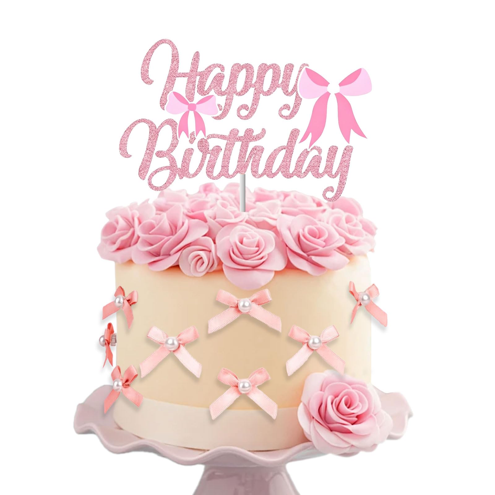 Floruvia 13-Piece Pink Bow Cake Toppers, Happy Birthday Cake Topper with Pearls, Coquette Cake Decorations for Birthday, Baby Shower, Bridal Shower, Graduation Party