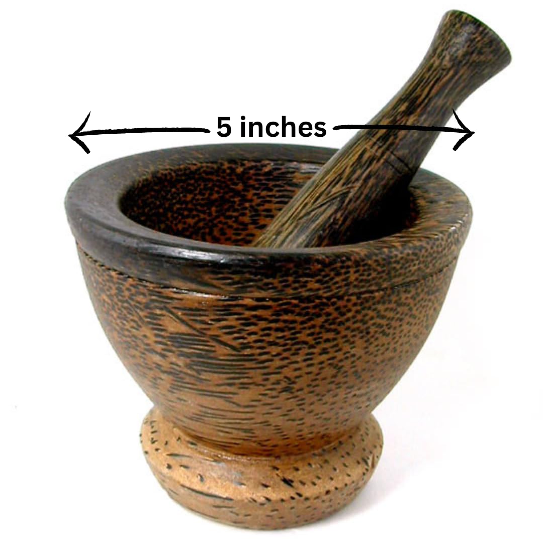 Palm Wood Mortar and Pestle Set for Grinding Spices, Herbs, and Seasonings Thai Kitchen Tools 5 inches