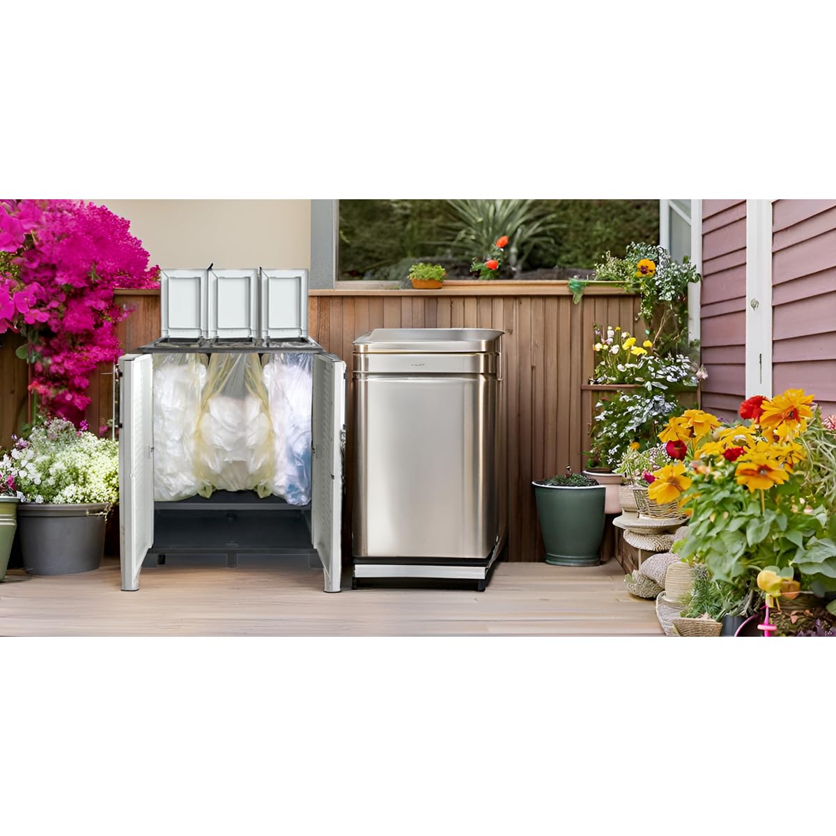 INTEC - Armoire à Poubelles de Tri Sélectif 3 Sacs - Meuble de Recyclage Déchets Intérieur/Extérieur - Organisateur Résistant 2 Portes 68 x 37 x H90 cm