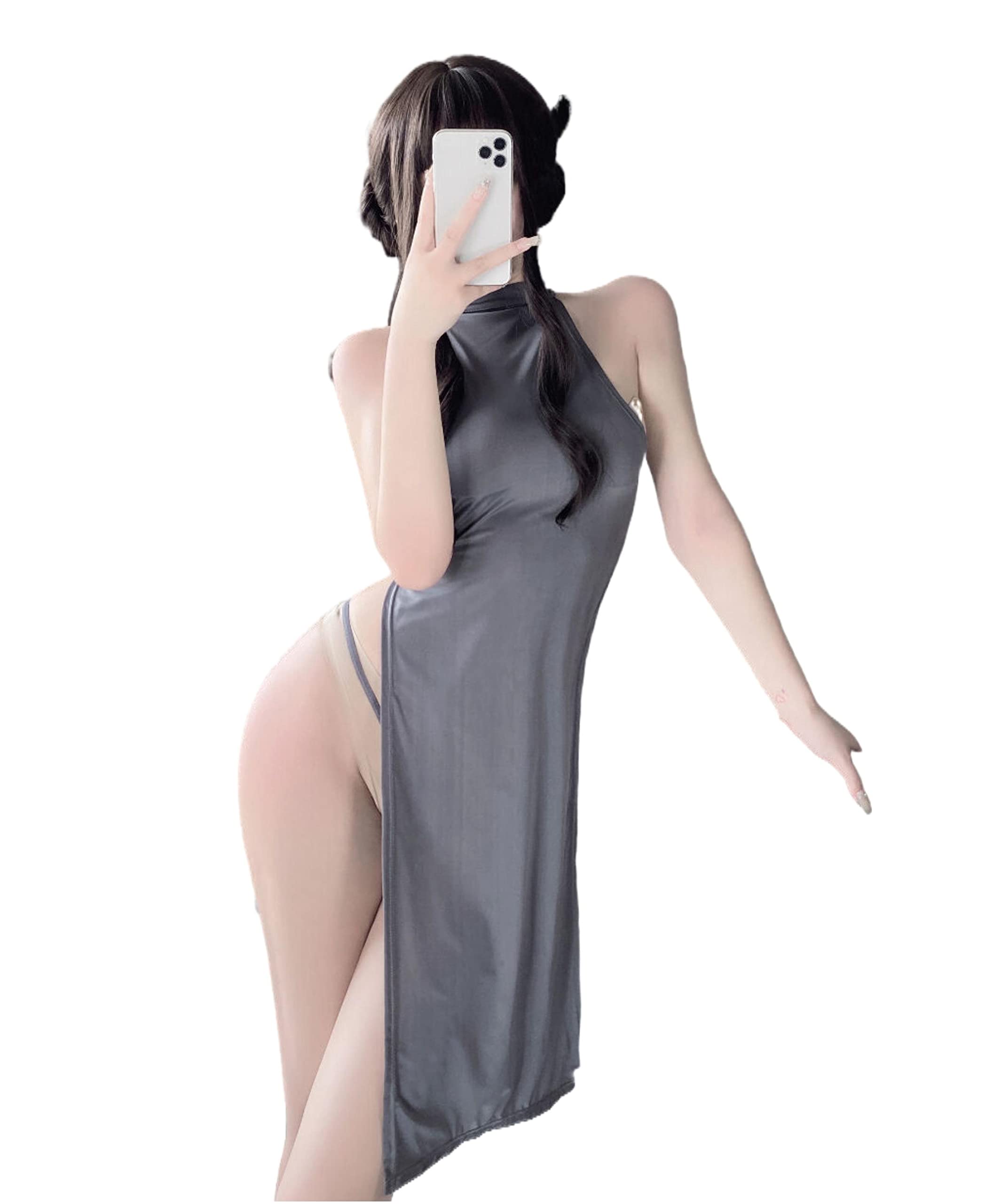 SINGUYUN Lencería china Cheongsam con estampado retro, disfraz sexy de anime para mujer, traje de babydoll Qipao (1020 gris)