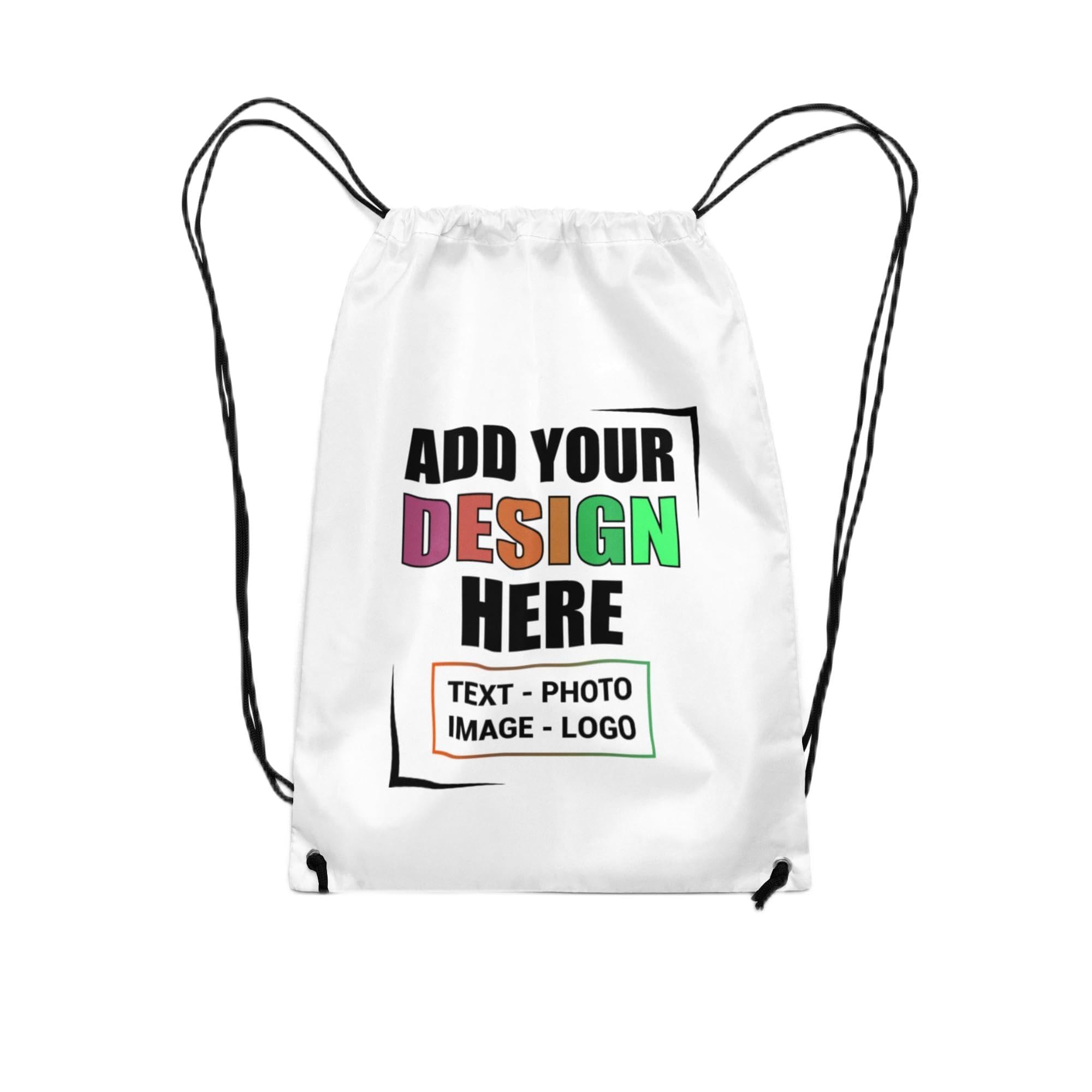Personalised Drawstring Backpack Waterproof | Customise with Any Text, Image, or Logo | Kids Swimming, School, Sports Gym Sack | 210D Polyester String Bag, Adjustable Nylon Cord, 35x45cm – White