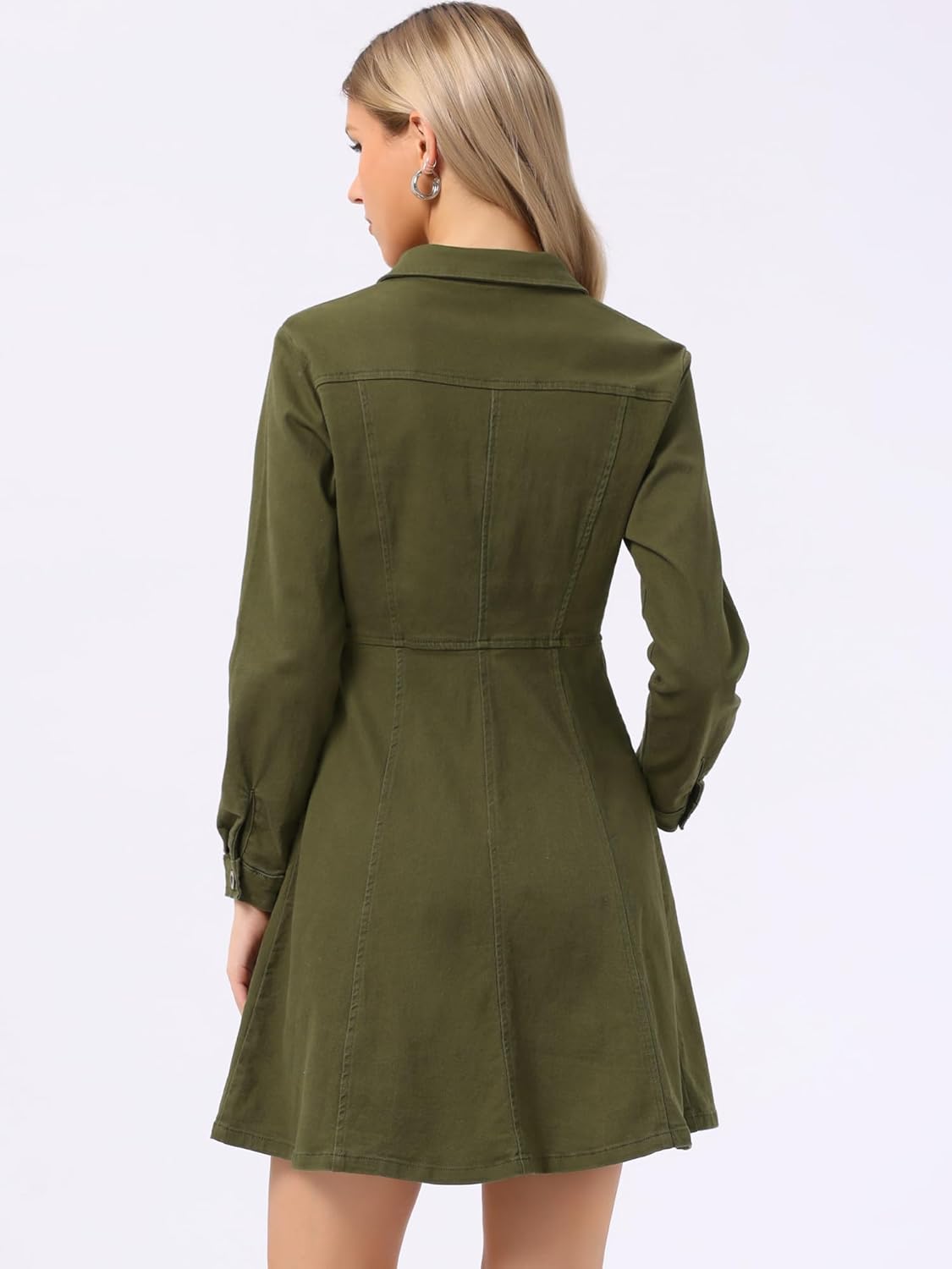 Allegra K Women's Denim Dress Button Down Collar V Neck Long Sleeve A-line Cotton Jean Dress - Image 6