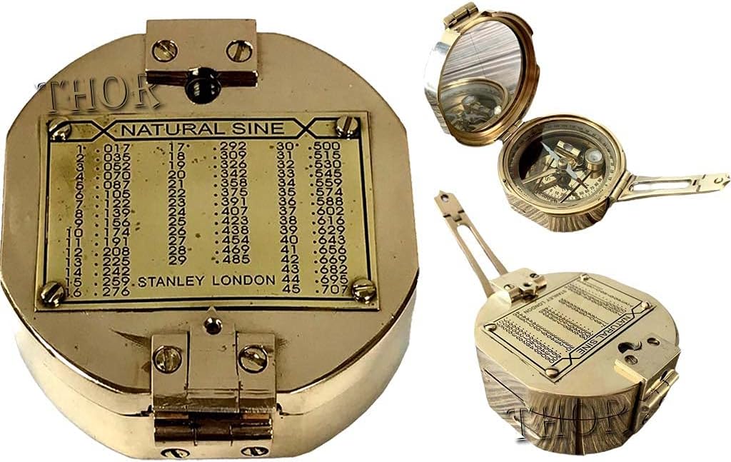 Brass Natural Sine Compass with Wood Box Magnetic Direction Hiking Maritime Nautical Gift Rustic Vintage Home Decor Gifts