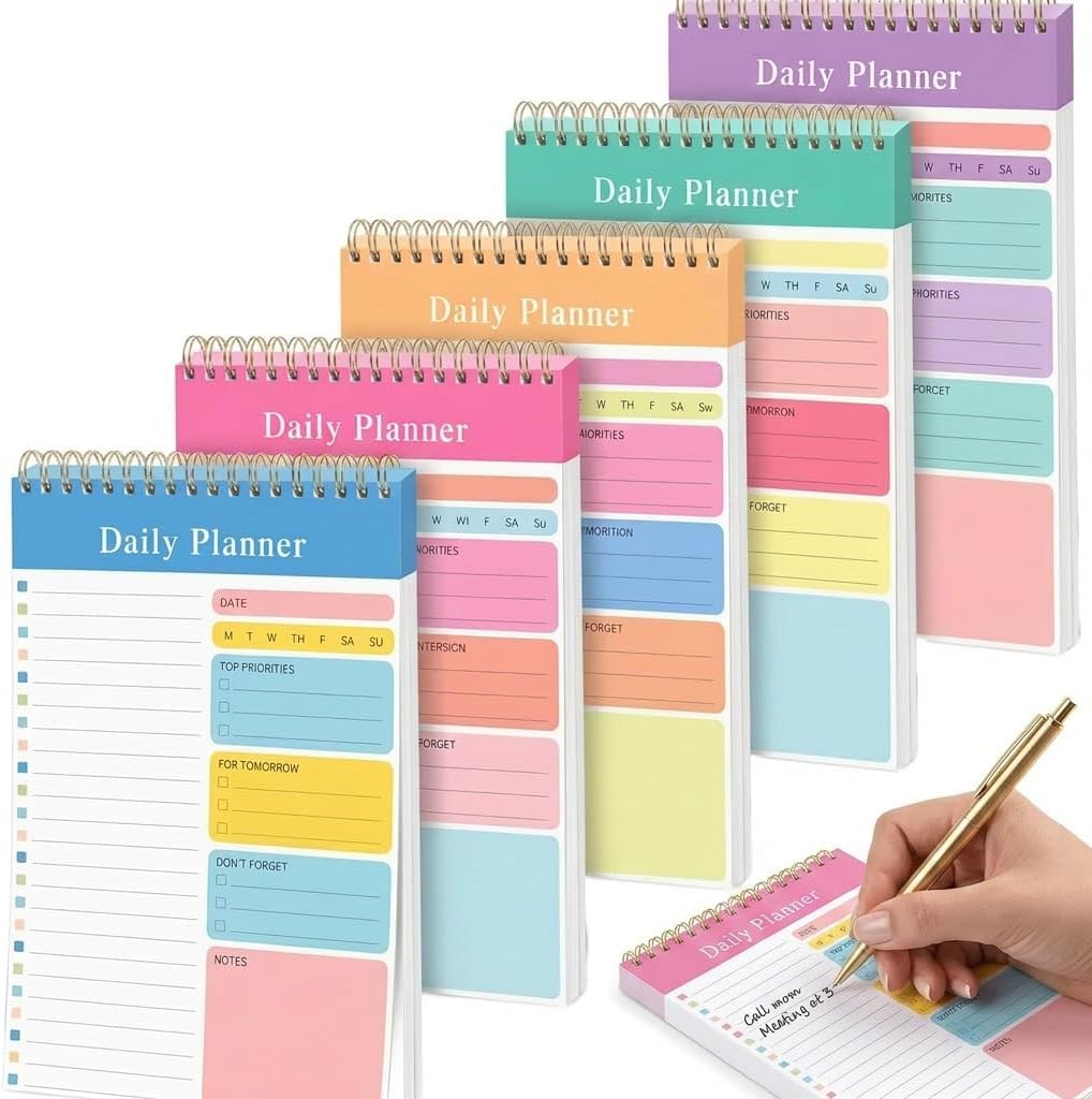 Daily Planner Notepad 5Pcs Set – A5 Undated To Do List Pad with 150 Tear-Off Sheets – Spiral Productivity Organizer for Work Office Study and Personal Task Planning