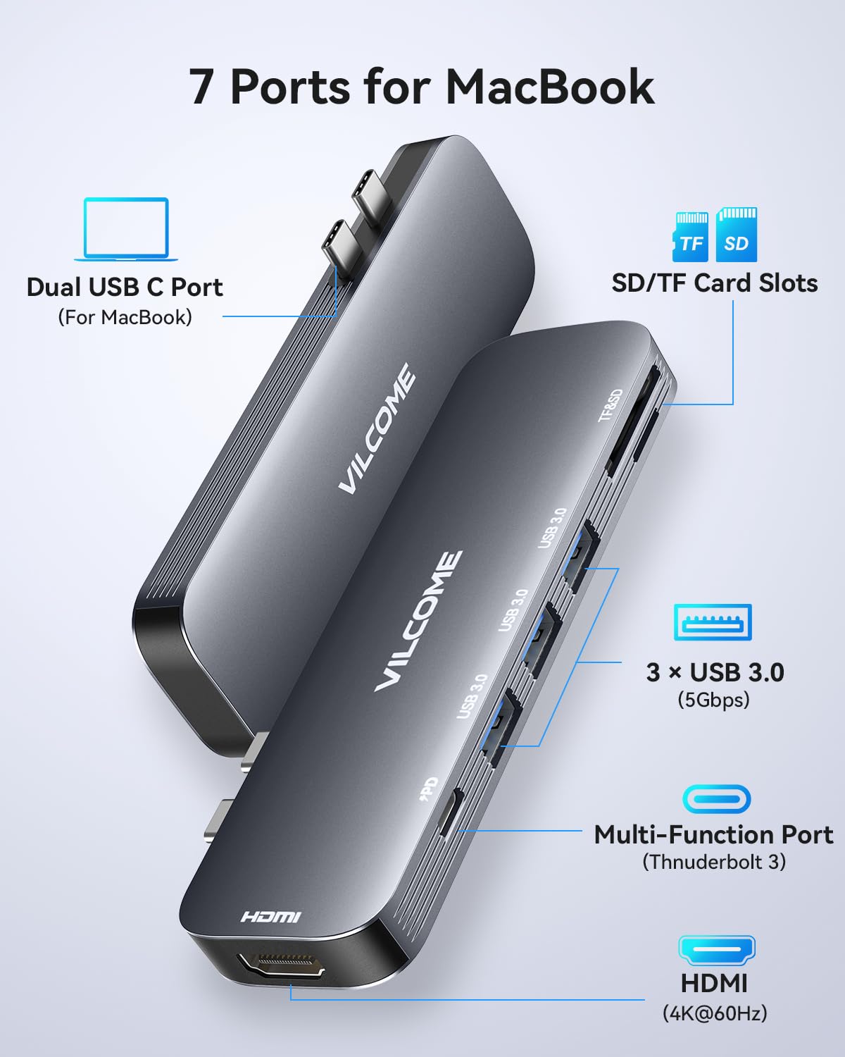 Vilcome USB C Adapter for MacBook Pro/Air M1 M2 M3 2023 2022 2021 2020 2019, 7-in-2 USB-C Hub MacBook Pro Accessories with Thunderbolt 3 PD Port, 4K@60Hz HDMI, 3 USB 3.0 Ports, TF/SD Card Reader
