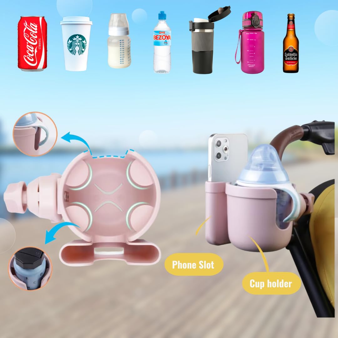 Micus - stroller cup holder universal, cup holder for pram, cup holder for wheelchair, pram coffee cup holder, universal cup holder for pram (Stroller cup holders 2 IN 1, Rose) - Image 2
