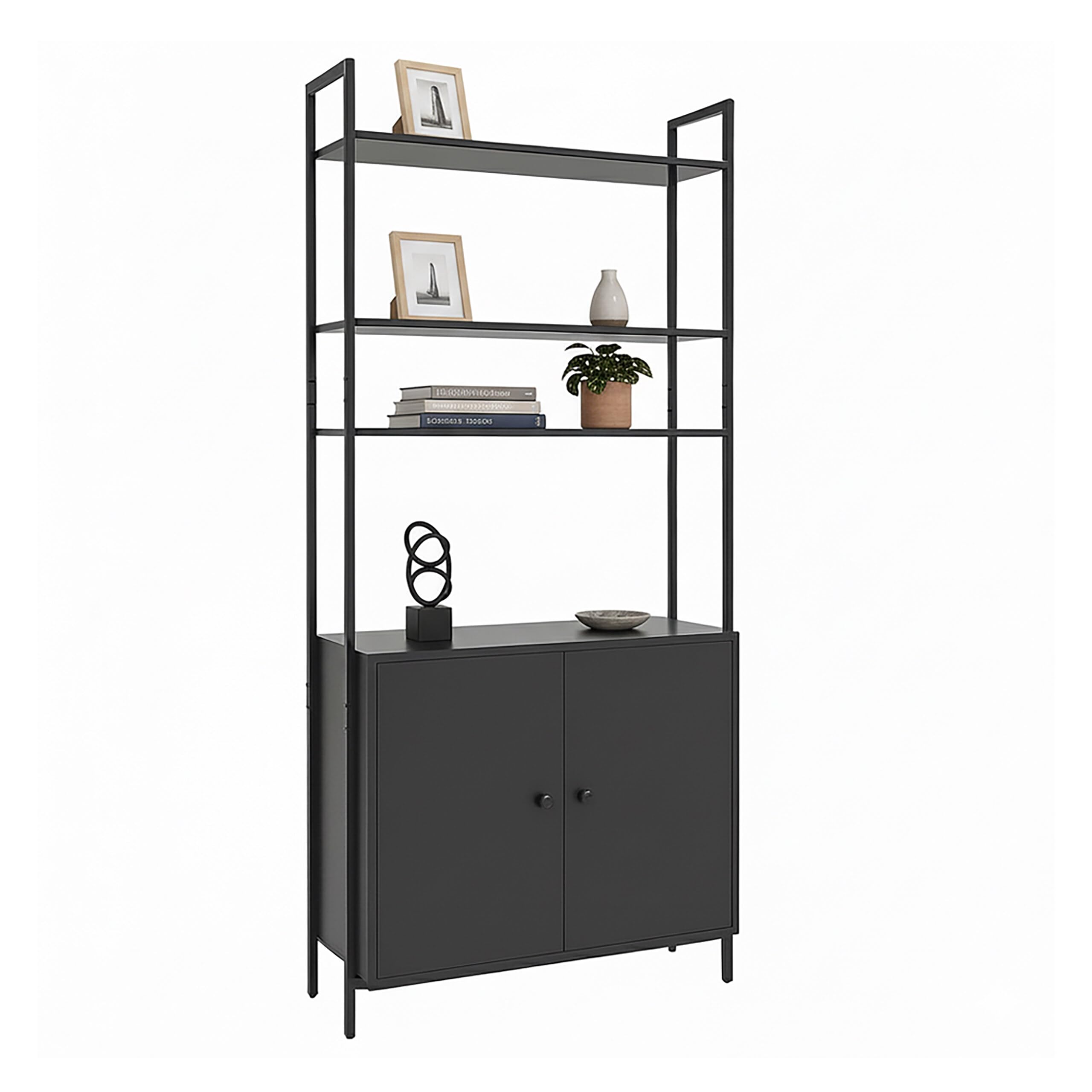 Relaxdays bookshelf, HxWxD: 159.5 x 60 x 24 cm, 6 shelves, unit with storage cabinet, MDF & metal, floor shelf, black
