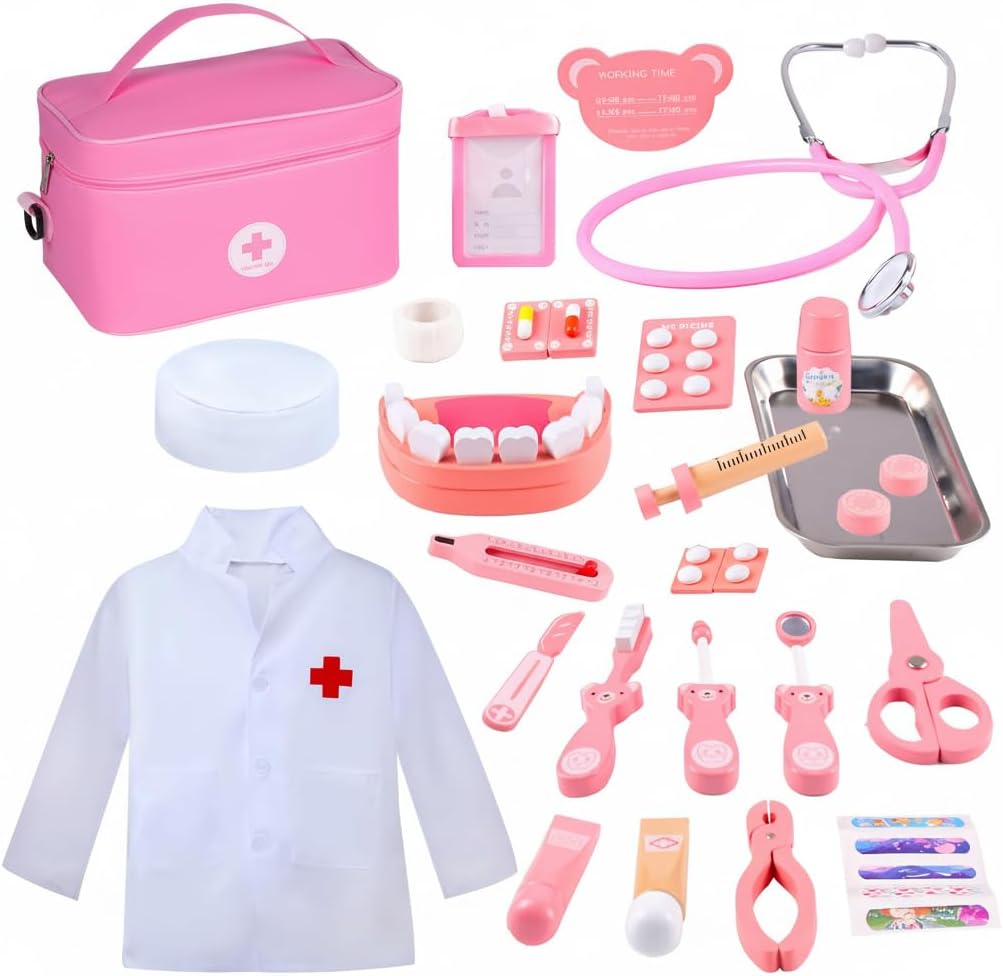 Wooden Doctor Kit for Toddlers, Pretend Play Medical Playset, Educational Role Play Doctor Toy with PortableStorage Case, Montessori Gift for Boys Girls 3 4 5 Years Old