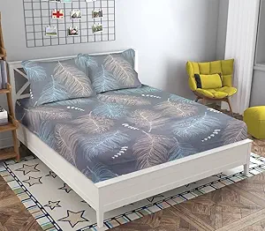 NHD HOME Cotton All Around Elastic Fitted Premium Prints Queen Size Double Bed Bedsheet with 2 Large Pillow Covers Fits Upto Mattress of 8 Inches,Size-60