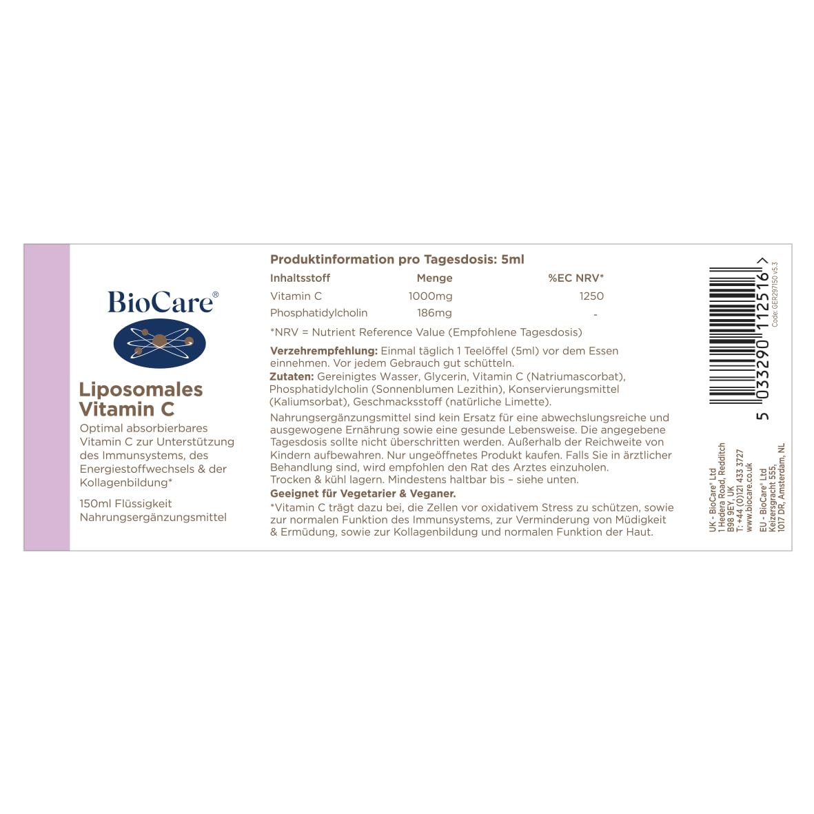 BioCare Liposomales Vitamin C, 150ml | Antioxidant, Unterstützung des Immunsystems, Normale Psychologische Funktion