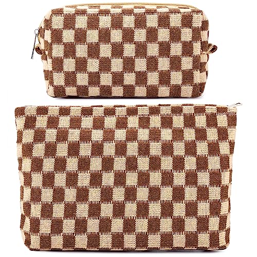 Image of ZLFSRQ 2Pcs Checkered Makeup Bag for Women Large Small Checkered Cosmetic Bag Set Aesthetic Preppy Pencil Case Cute Pencil Pouch Brown Makeup Pouch for Purse Travel Toiletry Bags Zipper Skincare Bags
