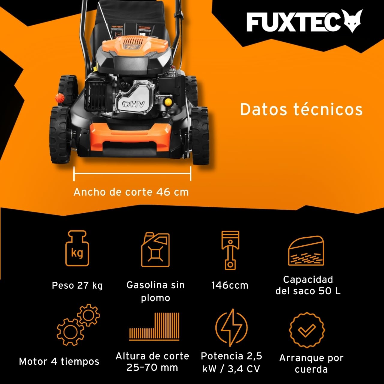 Cortacésped de Gasolina FUXTEC FX-RM4646ECO 46cm de Anchura de Corte - Potente Motor de Gasolina de 146cc Easy Clean 3en1 2,6KW Mulching recogedor de Hierba 50L