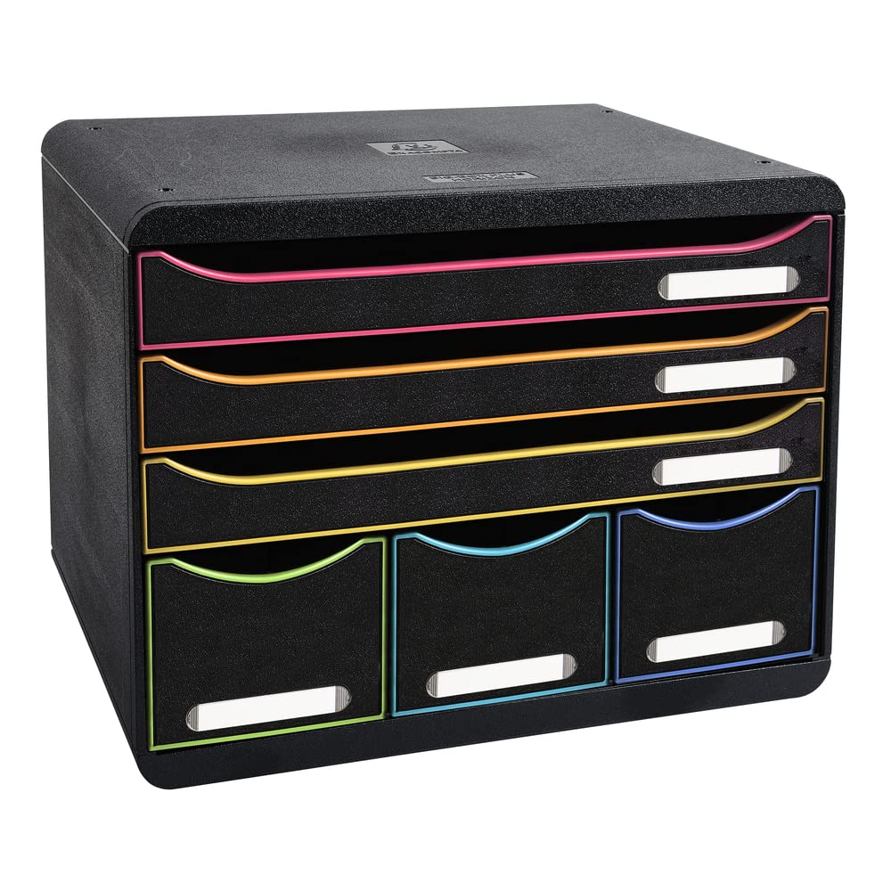 EXACOMPTA - Rif. 306914D-STORE-BOX - Cassettiera 6 cassetti - 3 cassetti per documenti A4+ e 3 cassetti alti sottili - Dimensioni : Profondità 27 x larghezza 35,5 x Altezza 27,1 cm - Nero/arlecchino