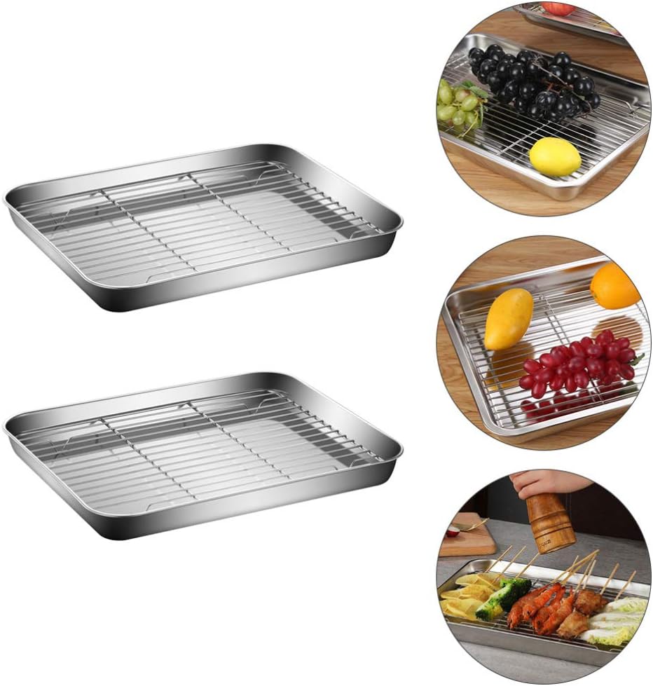 Cabilock 2sets Stainless Steel Baking and Rack for Frying Draining and Cooling Lightweight Sturdy Multi-functional Kitchen Storage Trays
