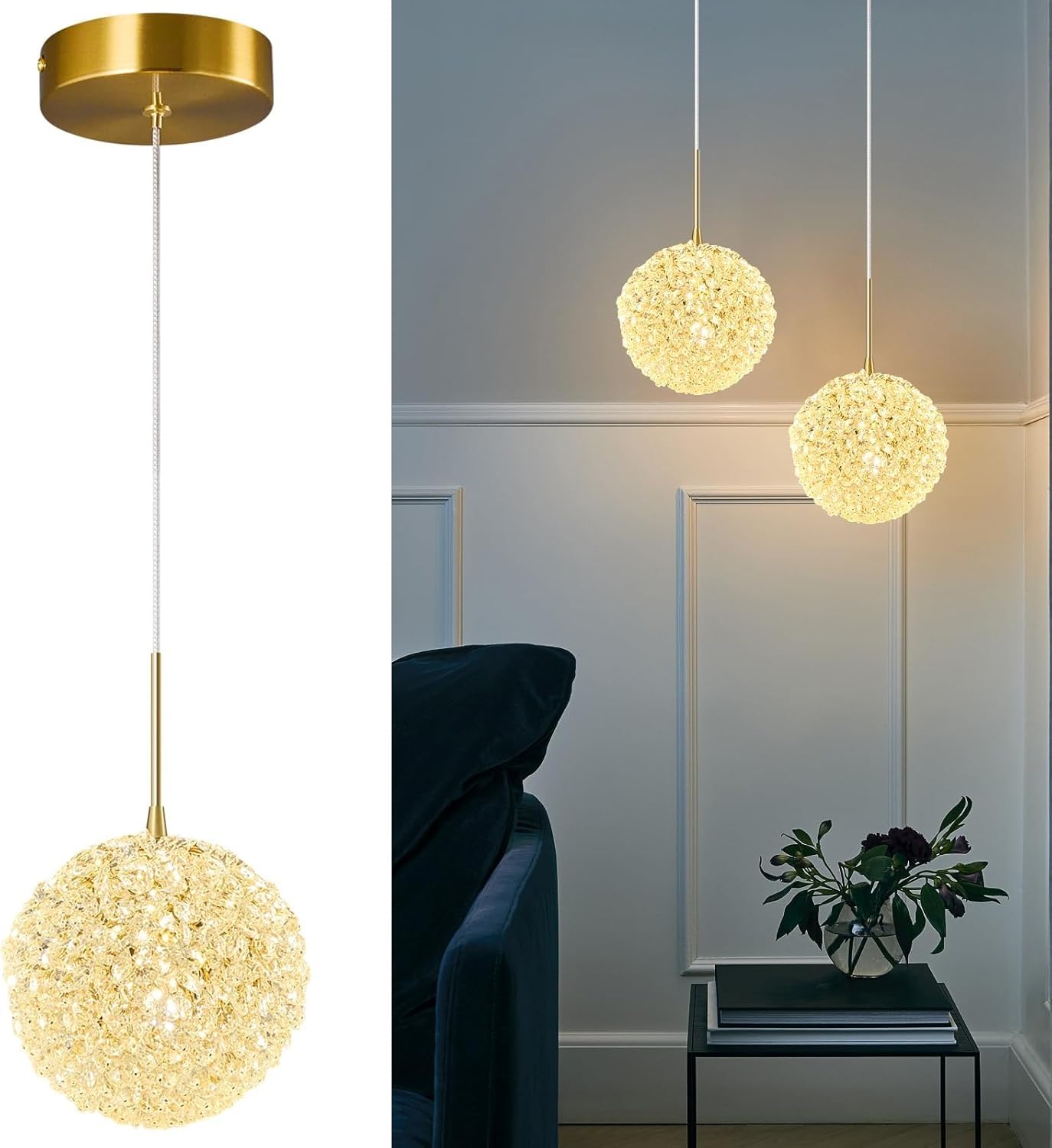 Stesulfr Crystal Chandelier Modern Kitchen Island Pendant Light Adjustable Gold Ceiling Lighting Above Island Hanging Lamp for Kitchen Island Living Room Bedroom Dining Room Foyer Bar(2PC)