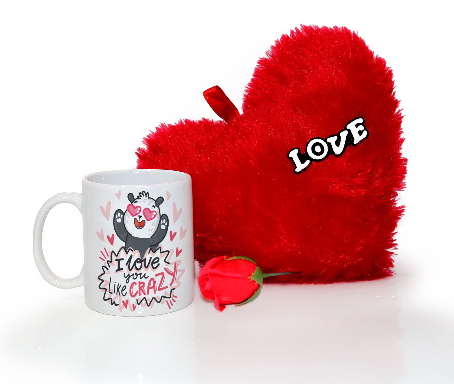 Kesri Gifts Valentine Day Gift I Love You Like Crazy Quote Coffee Mug 330 ml & Red Fur Heart Cushion - Valentine Gifts for Girlfriend Boyfriend,Husband Wife, Love Gifts(Kvd23236)