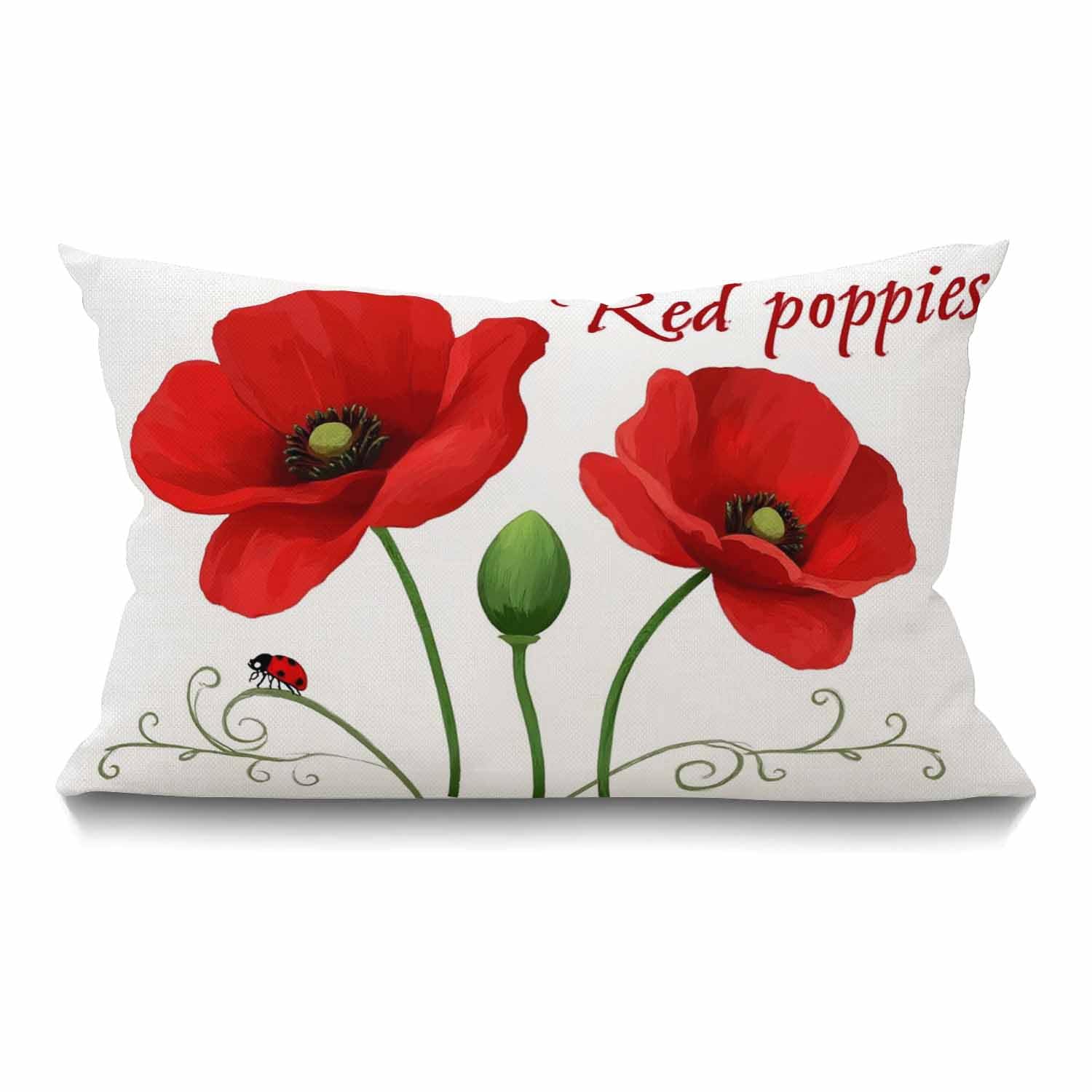 Smooffly Farmhouse Pillow Case Red Poppies Lumbar Pillow Cover Home Decorative Cotton Linen Cushion Case for Sofa Couch Housewarming Gifts Family Room
