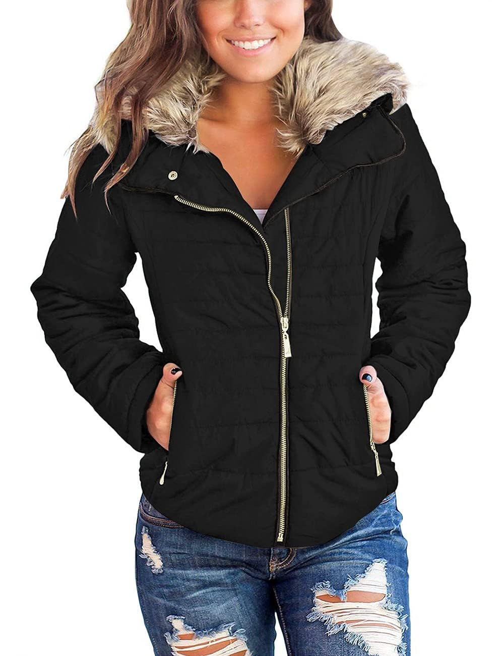 Women Casual Faux Fur Lapel Zip Pockets Quilted Parka Jacket Puffer Coat