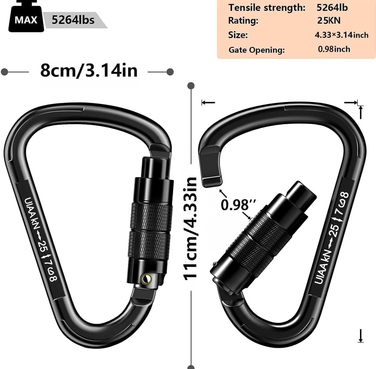 Auto Locking Carabiner Heavy Duty Carabiner 25kN Climbing Carabiner Climbing Equipment Safety Carabiners for Rappelling, Hammocks, Rescue, Dog Leash, Swing - Image 2