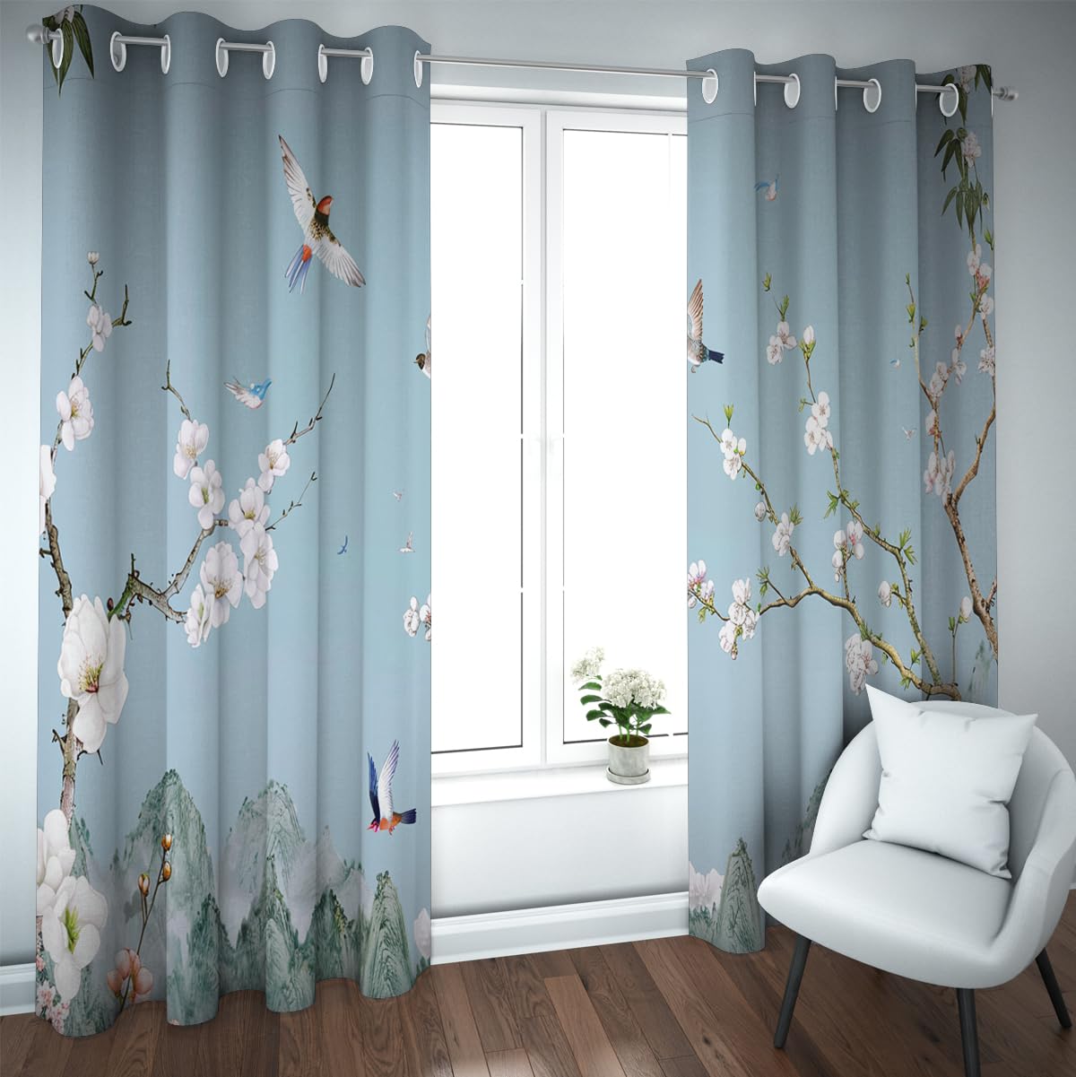 Orientalne zasłony zaciemniające z motywem drzewka kwiatowego, z motywem ptaków, zasłony okienne do salonu, sypialni, zestaw dla 2 osób, 2 x 140 x 260 cm (szer. x wys. x gł.)