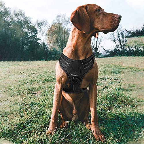 MASBRILL Hundegeschirr Grosse Hunde, Anti Zug Geschirr Hunde Brustgeschirre Einstellbar und Reflektierend, Weich Atmungsaktiv Gepolstert Hundegeschirr mit Grifff für Walken(Schwarz L)