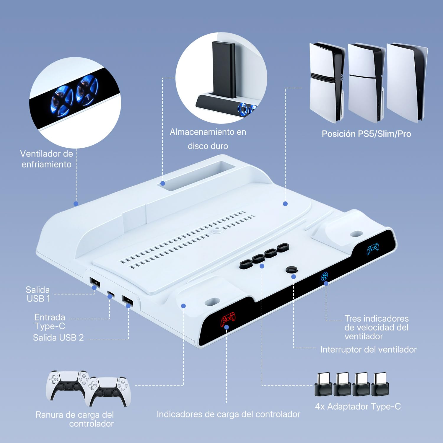 Wigearss Soporte Vertical para PS5/PS5 Slim/PS5 Pro con Ventiladores de Refrigeración, Estación de Carga para Dos Mandos, Ventilador de Enfriamiento con 3 Niveles Ajustables